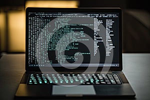 AI generated hacker laptop with binary computer code internet and network security