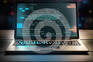 AI generated hacker laptop with binary computer code internet and network security