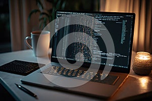 AI generated hacker laptop with binary computer code internet and network security