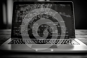 AI generated hacker laptop with binary computer code internet and network security