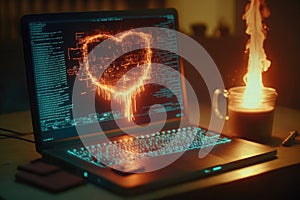 AI generated hacker laptop with fire binary computer code internet and network security