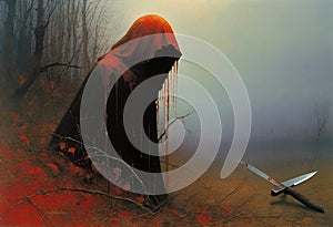 AI generated halloween themed image consisting of a shrouded man drenched in blood alongwith a sword and knife