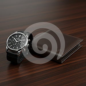 AI Generated Hand Clock, Table Clock, and Leather Ball on a Table for Time and Luxury Aesthetics