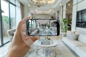 AI generated an hand holding a cell phone showing a modern living room recreated by augmented virtual reality in real time