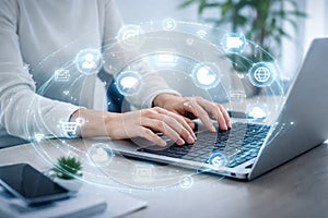 AI generated hands typing on laptop with connected digital icons representing online services cloud computing communication and