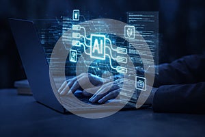 AI generated hands typing on laptop with holographic AI interface and digital network elements representing artificial