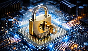 Golden Padlock Securing Microchip Circuit Board Representing Advanced Cyber Security Technology
