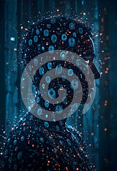 Digital Human Head Covered With Biometric Fingerprints And Flowing Data Streams