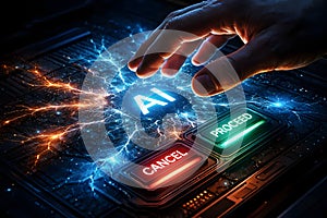 Human Hand Making Critical Artificial Intelligence Decision Between Proceed And Cancel Options