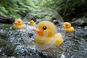 Close up of classic yellow rubber ducks floating in a calm river surrounded by greenery symbolizing innocence fun and a whimsic photo