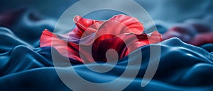 Red silk like flowing fabric folds against a moody blue backdrop, creating a dramatic and elegant abstract composition with ric photo