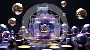 Futuristic 3D Render of Abstract Data Cube Structure with Floating Spheres