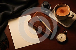 Luxurious Writing Desk Scene with Leather Journal and Pocket Watch