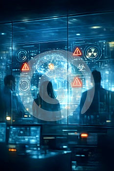 Advanced Artificial Intelligence Risk Analysis Interface Inside Futuristic Control Center