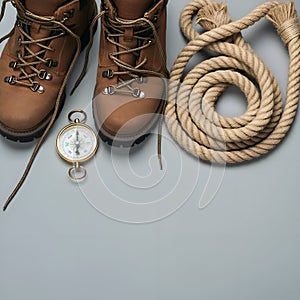 AI Generated: Hiking Boots, Rope, and Compass in a Scenic Setting