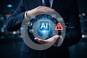 AI generated holographic AI security interface with warning icon chat analytics and global network symbols for cyber risk