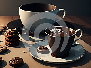 AI generated hot cups of chocolate drinks alongwith chocolate cookies
