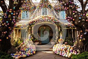 ai generated house decorated with easter painted eggs and flowers decor