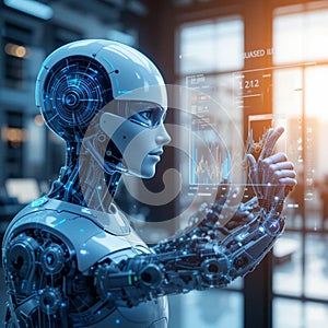 Ai generated humanoid robot interacts with a transparent digital interface displaying graphs and data analytics.