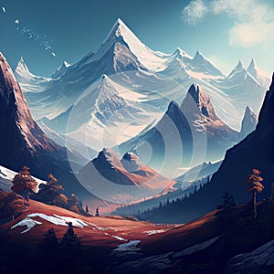 AI-generated hyper-realistic illustration of valley and snow covered mountain range at sunset.