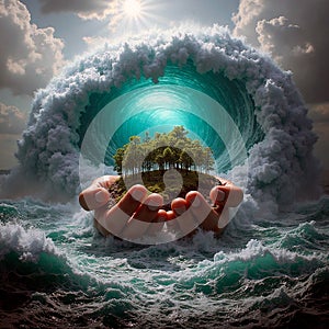 Ocean Waves Shaped as Giant Protective Hands Over Island