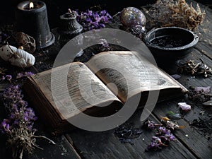 AI generated illustration of Mystical still life with an ancient grimoire, candles, crystals