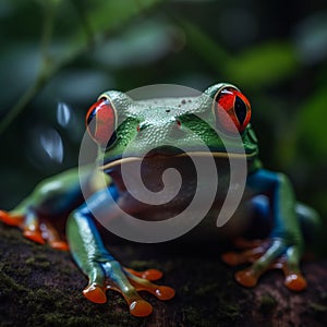 AI generated illustration of aa red-eyed tree frog perched atop a bed of lush green foliage