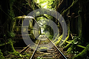 AI generated illustration of an abandoned train covered with moss in an old tunnel