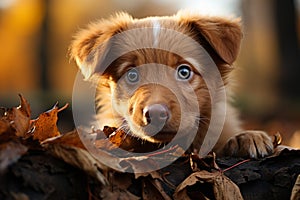 AI generated illustration of abrown-furred canine stands in a pile of fallen leaves, looking upwards