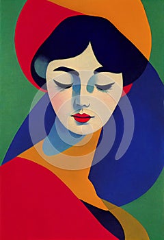 AI generated illustration of an abstract painting of a woman in hat and red dress