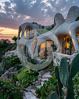 AI generated illustration of adjacent houses with desert cacti in the foreground photo