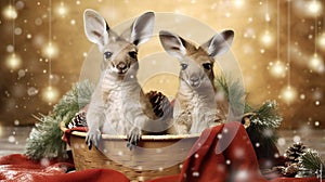 AI generated illustration of adorable baby kangaroos snuggling in a cozy basket with pine cones