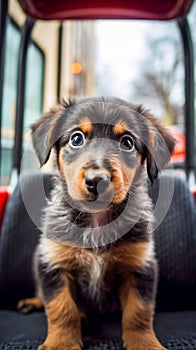 AI generated illustration of an adorable black and brown puppy sitting on the front seat of a car