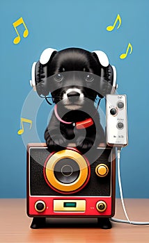 AI generated illustration of an adorable black puppy atop a vintage stereo system