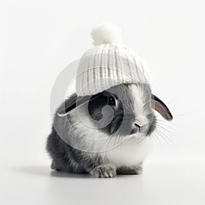 AI generated illustration of an adorable black and white rabbit with a hat perched on its head