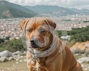 AI generated illustration of an adorable brown canine perched atop a large rock