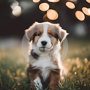 AI generated illustration of an Adorable brown and white puppy sitting on a lush green grassy field