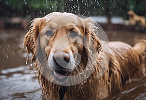 AI generated illustration of a canine standing in water, with its fur glistening from the wetness photo