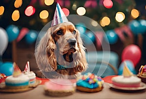 a dog wearing party hats looking at cake on the table photo