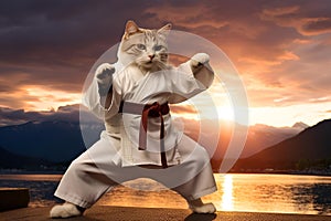 AI generated illustration of An adorable cat in a karate gi stands in a fighting stance