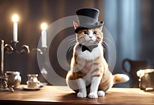 AI generated illustration of an adorable cat wearing a black top hat and bow tie