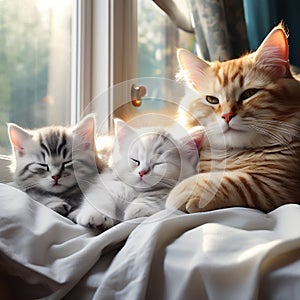 AI generated illustration of adorable cats snuggling on a cozy bed, surrounded by soft blankets
