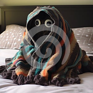 AI generated illustration of an adorable cryptid covered in a blanket sitting on bed photo