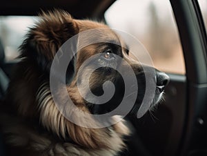 AI generated illustration of an adorable domestic dog looking out of the window of a car