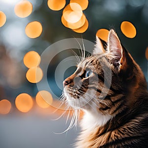 AI generated illustration of an adorable grey tabby cat looking up inquisitively at a green tree