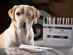 AI generated illustration of an adorable Labrador dog near a white table