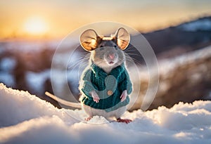 AI generated illustration of an adorable mouse wearing a cozy sweater atop a hill covered in snow