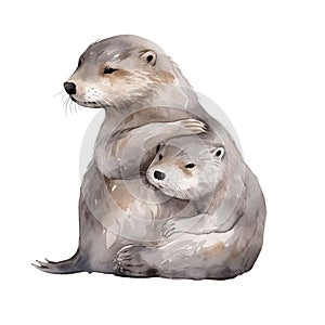 AI generated illustration of an adorable otters snuggling and cuddling together in an embrace