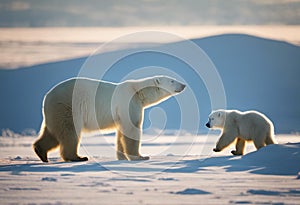 AI generated illustration of an adorable polar bear and cub standing atop a pristine blanket of snow