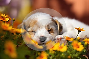 AI generated illustration of an adorable puppy lies on the yellow flowers